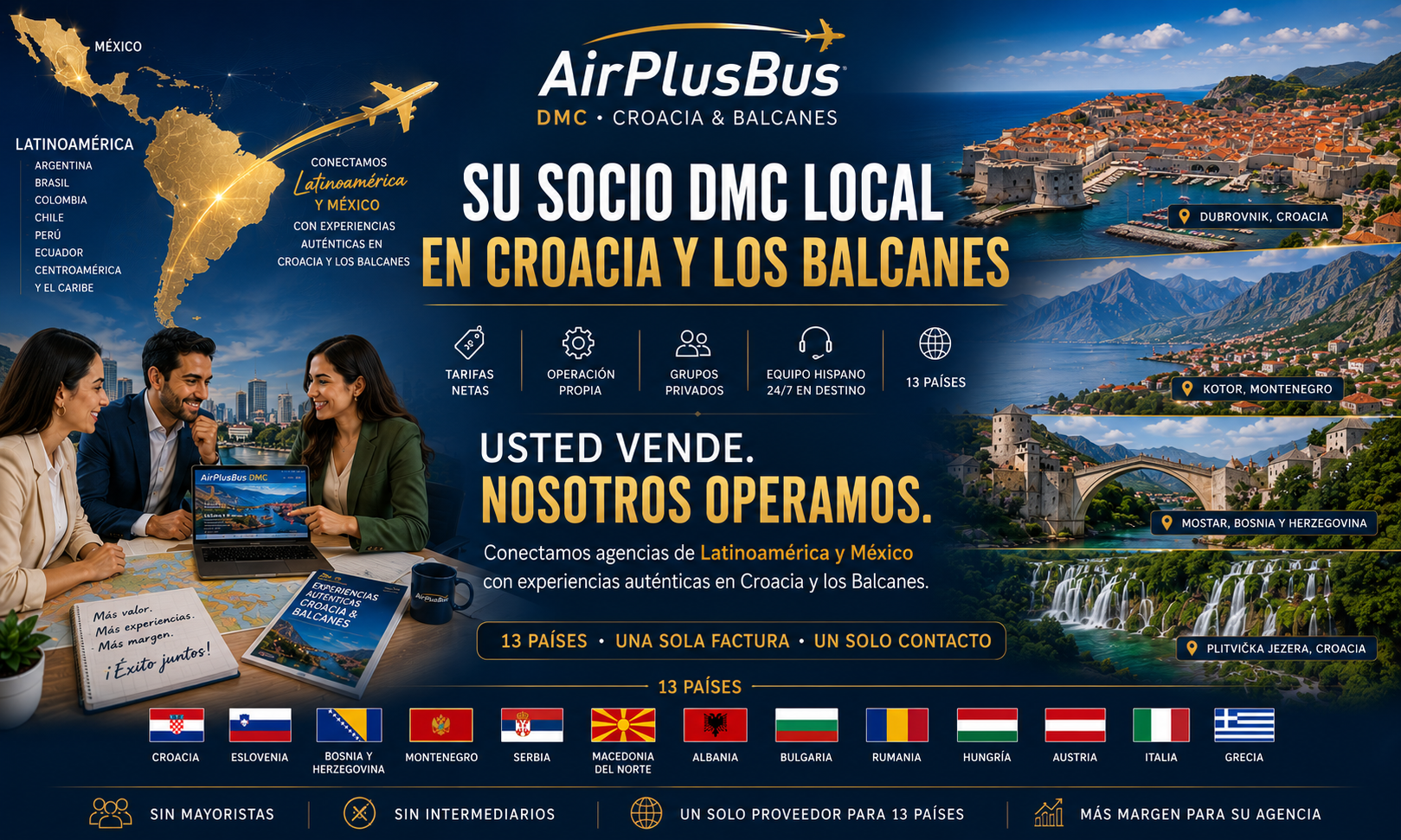 AirPlusBus DMC &mdash; su socio local en Croacia y los Balcanes. Conectamos agencias de Latinoam&eacute;rica y M&eacute;xico con experiencias en 13 pa&iacute;ses: Croacia, Eslovenia, Bosnia, Montenegro, Serbia, Macedonia del Norte, Albania, Bulgaria, Rumania, Hungr&iacute;a, Austria, Italia y Grecia.